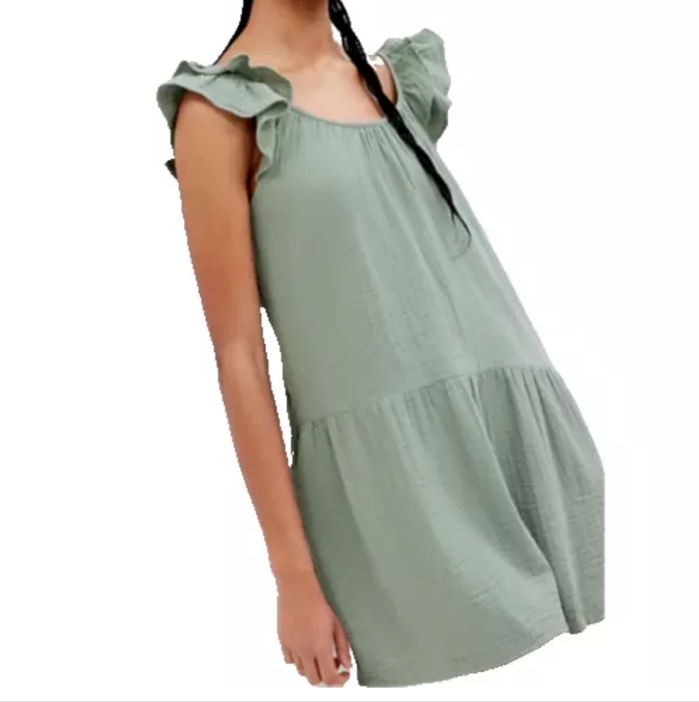Sage Green Casual Mini Dress PETITE L/XXL Oversized Relaxed Crinkle Gauze NEW